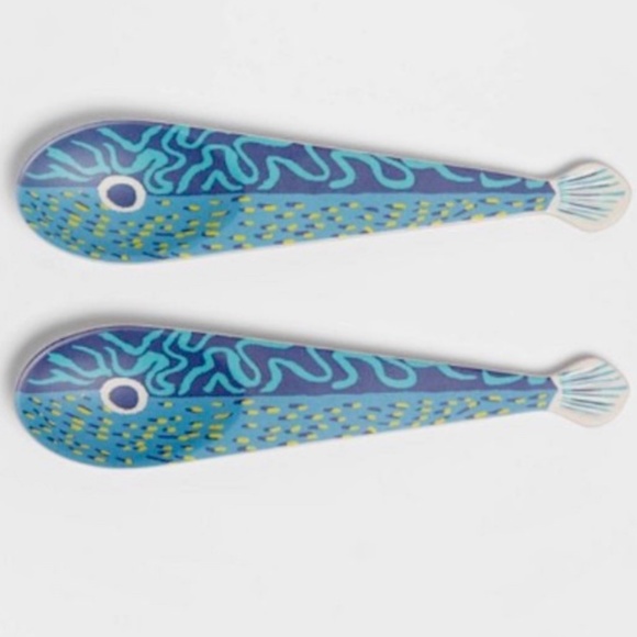 OpalHouse Bamboo Melamine Blue Fish Serving Platter 2 Pack + 2pc Spoon Set NWT - Picture 2 of 3